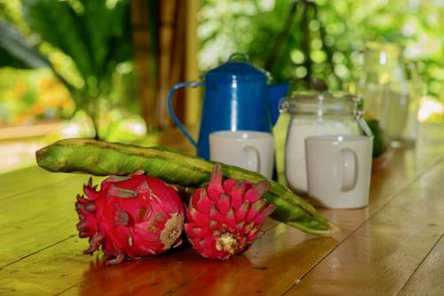 une fleur rouge et des légumes verts sur une table dans l'établissement Rancho Costafalo Eco-Tourism Farm, à Quebrada Grande