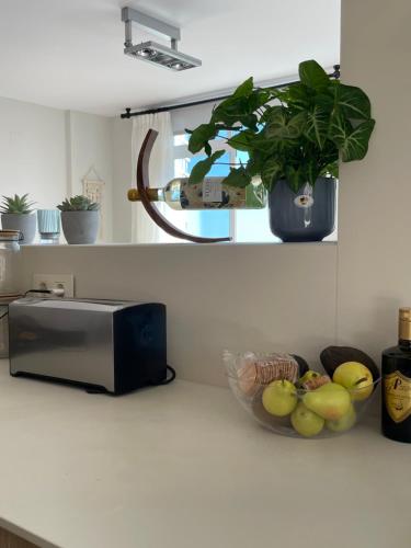 卡尔佩Atico Playa Arenal Calpe的一个带一碗水果和植物的厨房台