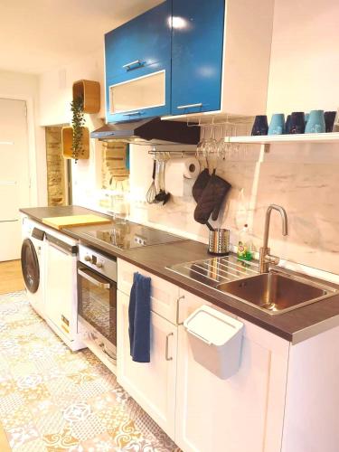 a kitchen with a sink and a washing machine at Le Domaine de la Férière in Sallen