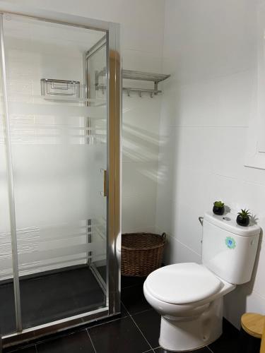 e bagno con servizi igienici e doccia in vetro. di Apartamento Villa Caracol a Cunit
