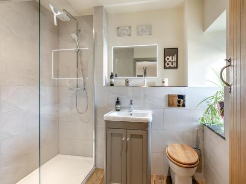 a bathroom with a shower and a sink and a toilet at The Granary - Uk43356 in Branxton
