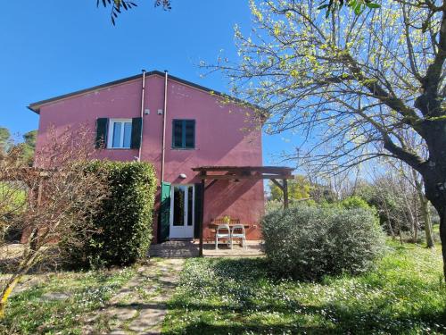a pink house with a white door and a yard at Agriturismo Piccolo Paradiso in Riparbella