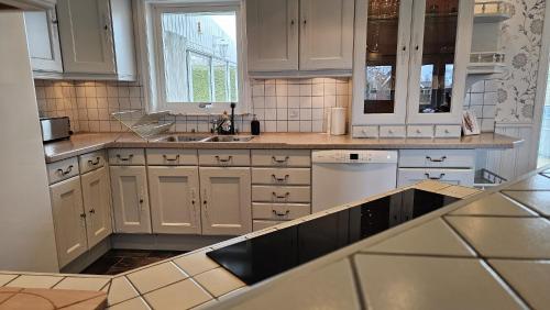 a large kitchen with white cabinets and a sink at Ferienhaus Kronenpark, Angelcamp mit Angelboot, Kanus, Fahrräder, Jakuzzi, uvm. in Bromölla