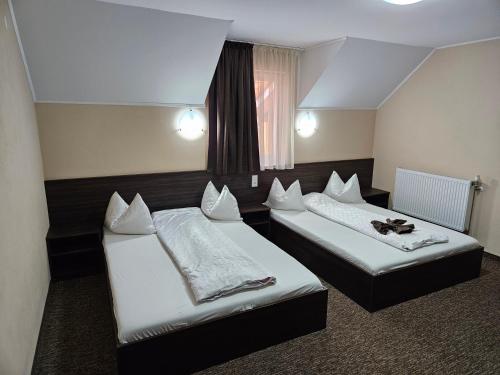 a hotel room with two beds and a window at Pensiunea Carmena in Baile Felix