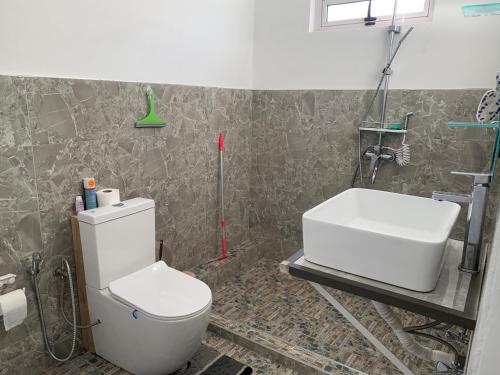 蒙舒瓦西的住宿－Palm Creek Villa，浴室配有白色卫生间和盥洗盆。