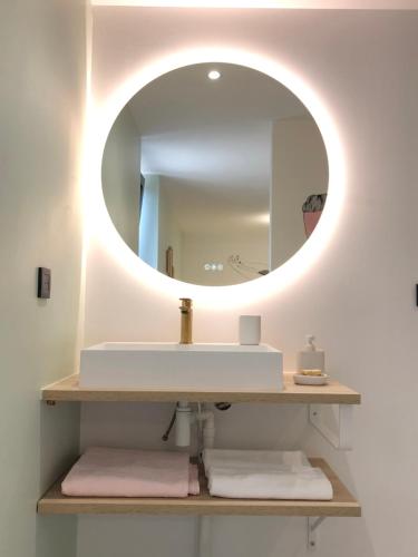 La salle de bains est pourvue d'un lavabo et d'un miroir. dans l'établissement Le 270, à Grane