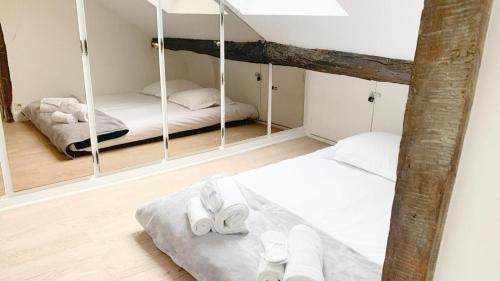 two beds in a room with mirrors and white slippers at Amazing location only 3 minutes from Luxembourg Gargens in Paris