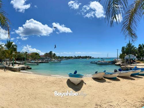 a group of boats sitting on the beach at Bayahibe Village Inn in Bayahibe