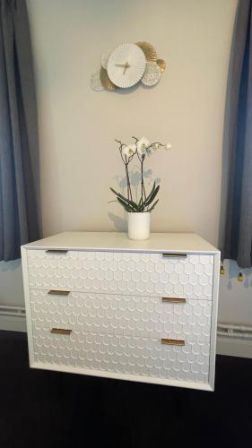 a white dresser with a potted plant on it at Leyselebeke Castle in Bruges