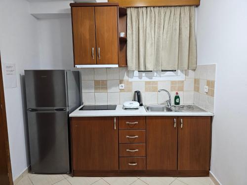 a kitchen with a refrigerator and a sink at Guest House Bledar in Ksamil