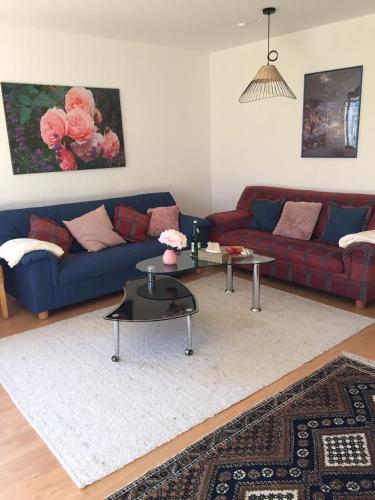 a living room with a blue couch and a table at Ferienwohnung 3 in Huglfing im Herzen des 5 Seen Land Oberbayerns in Huglfing