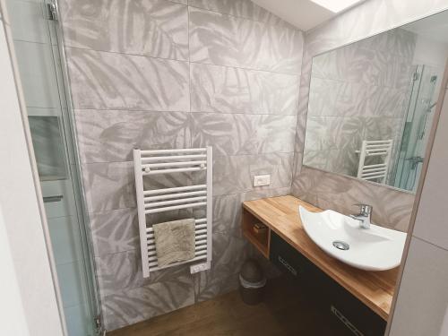 une salle de bain avec un lavabo, une douche et un miroir dans l'établissement gîte en provence, à Peypin