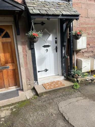 a front door of a house with potted plants on it at Daisy Cottagee in Alyth