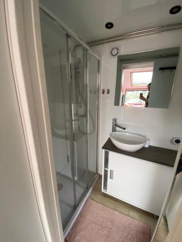 a bathroom with a glass shower and a sink at Tiny house en pleine campagne in Arles