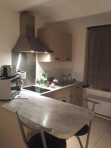 - une cuisine avec une table et deux chaises dans l'établissement Fabienne côté jardins de la fontaine, à Nîmes