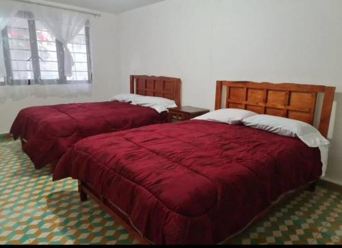 two beds in a room with red comforter at Casa el Nogalito in Tasquillo