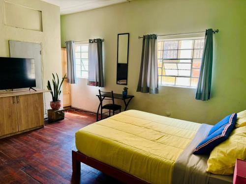 a bedroom with a bed and a flat screen tv at Maison Verte - Budget Edition in Arequipa