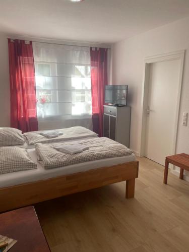 ein Schlafzimmer mit einem Bett und einem TV in einem Zimmer in der Unterkunft Bavaria Wirtshaus - Hotel & Gästezimmer- Frankenberg Eder in Frankenberg