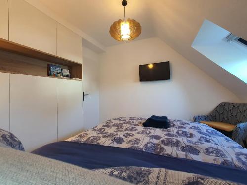 een slaapkamer met een bed en een tv aan de muur bij Appartement Bretagne vue mer exceptionnelle sur les hauts d'Erquy au calme ! et au pied du GR34 in Erquy