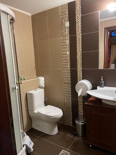 a bathroom with a toilet and a sink at Gioras Hotel in Palaios Agios Athanasios