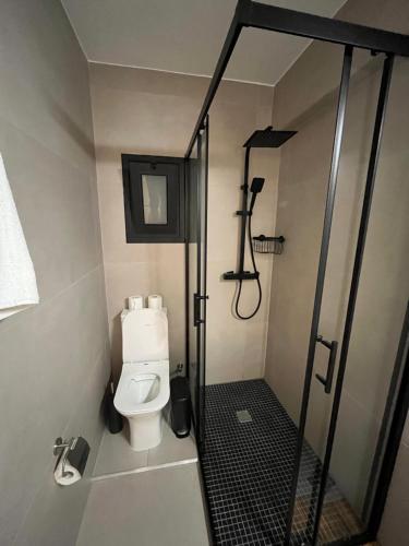 une petite salle de bain avec toilettes et douche dans l'établissement Modern 2bed in the centre, à Nicosie