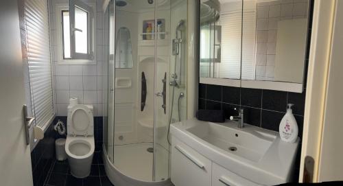 La salle de bains est pourvue d'une douche, d'un lavabo et de toilettes. dans l'établissement Villa nea Flogita 90m from the sea, à Flogita