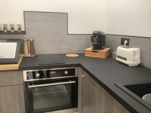 a kitchen with a counter with a toaster and a appliance at Gîte de L’entre Deux in Upie