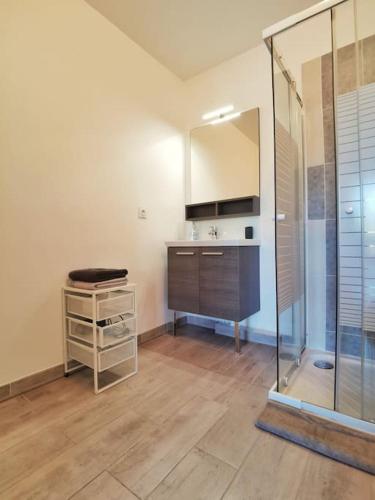 une grande salle de bain avec douche et lavabo dans l'établissement studio avec jardin, piscine et parking, à Aix-en-Provence