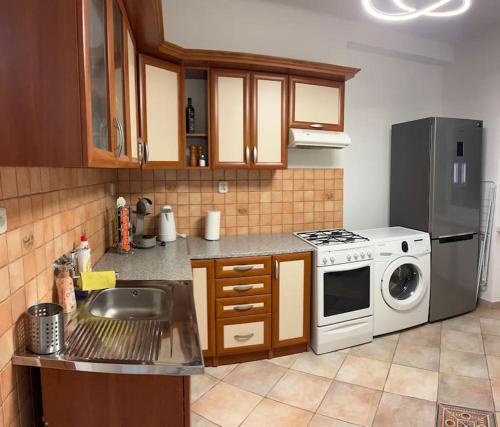 cocina con fregadero y fogones horno superior en Rodinný apartmán neďaleko centra en Banská Bystrica