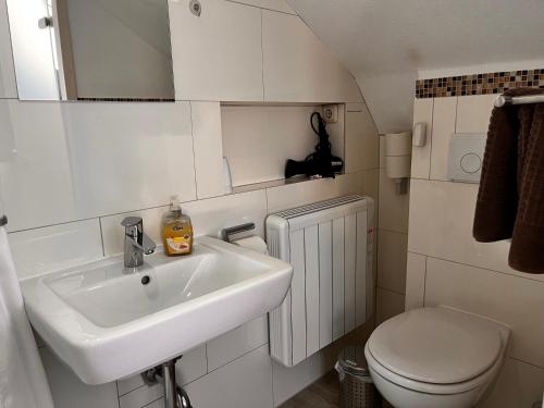 a small bathroom with a sink and a toilet at Gästehaus Sommertal in Meersburg