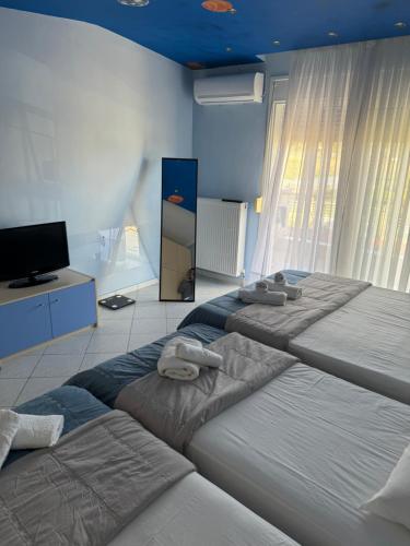 - une chambre avec 2 lits et une télévision à écran plat dans l'établissement Villa nea Flogita 90m from the sea, à Flogita