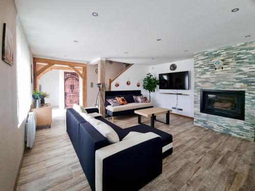a living room with a couch and a fireplace at les piafs du der 1 in Joncreuil