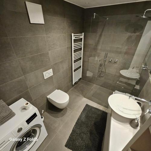 a bathroom with a toilet and a sink and a shower at Sonnenparadies in San Genesio Atesino