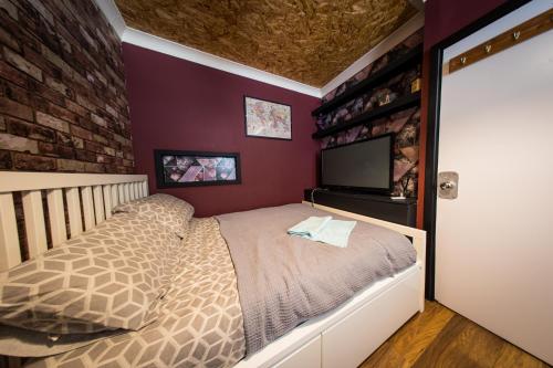 a bedroom with a bed and a tv in a room at 2 Independant Boutique Apartments one sleeps 2 the other sleeps 4, Meadowhall, Sheffield Arena, Free Parking in Sheffield