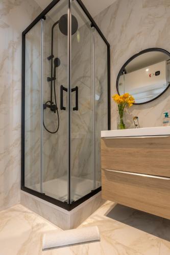 une douche dans une salle de bain avec un lavabo et un miroir dans l'établissement Confort moderne à Marseille, à Marseille