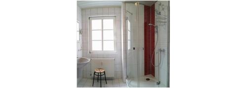 a bathroom with a shower and a stool in it at FeWo Alt Beilstein in Beilstein