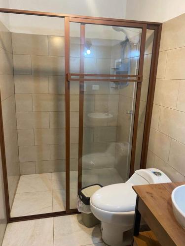 プヨにあるVilla Mariaのバスルーム(シャワー、トイレ、洗面台付)