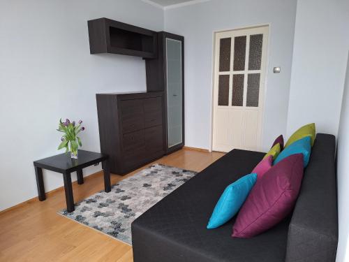salon z czarną kanapą i kolorowymi poduszkami w obiekcie Turkusowa Apartament w Szczecinie