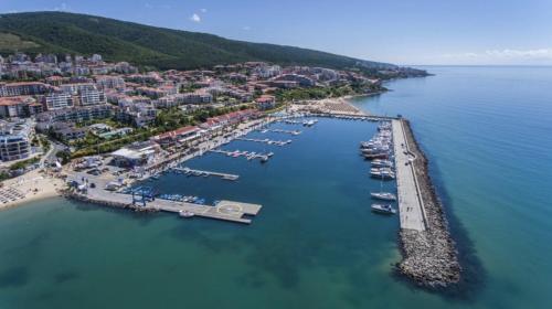 an aerial view of a harbor with boats in the water at HORIZON 12 'A' APARTMENT Sveti Vlas in Sveti Vlas