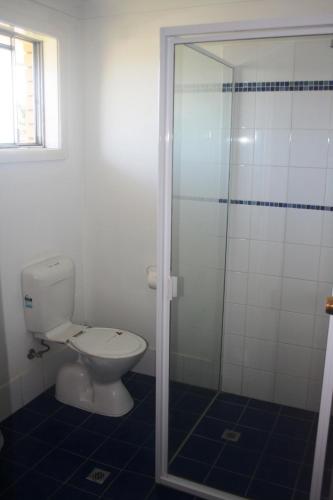 a bathroom with a toilet and a glass shower at Civic Motel Grafton in Grafton