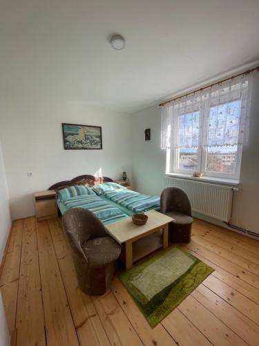 1 dormitorio con 1 cama, mesa y sillas en Ubytování u Medvěda, en Rokytnice v Orlických horách