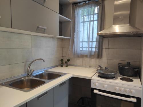 a small kitchen with two sinks and a stove at Corfu Pintsis House 2 in Kompítsion