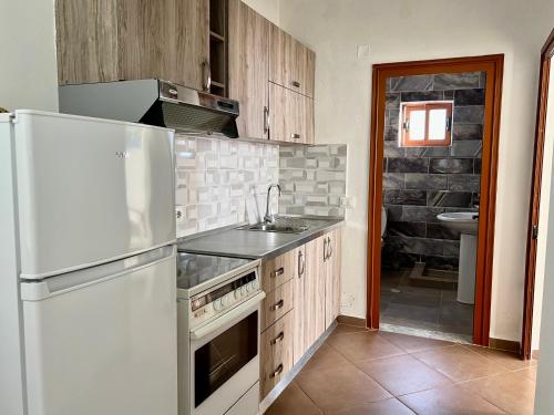 a kitchen with a white refrigerator and a sink at Redi's Seaview Apartments in Sarandë