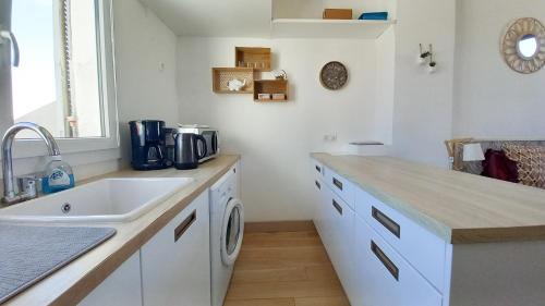 une cuisine avec un évier et un plan de travail dans l'établissement Palais Gounod, à Cannes