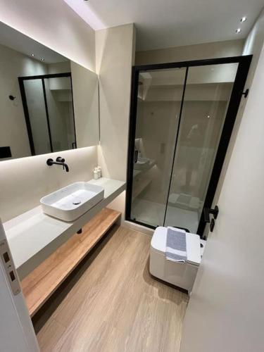a bathroom with a sink and a mirror at BlueMotion - TwinBedroom Ν2 in Piraeus