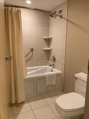 a bathroom with a bath tub and a toilet at Hilton Chicago/Northbrook in Northbrook