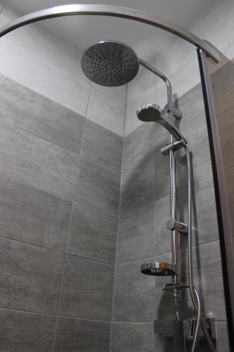 a shower with a shower head in a bathroom at Stary Zajazd in Zielona Góra