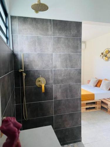 a bathroom with a shower and a bed in a room at Paisible studio tout confort in Matoury