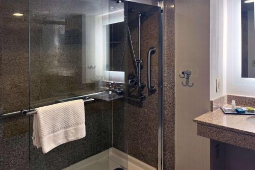 a bathroom with a shower with a glass door at Hilton Ocala in Ocala