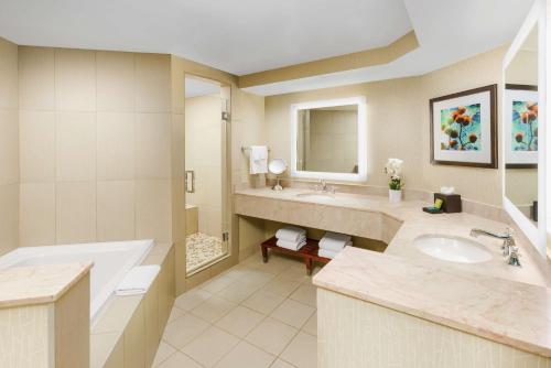 een grote badkamer met een bad en een wastafel bij Hilton Phoenix Airport in Phoenix